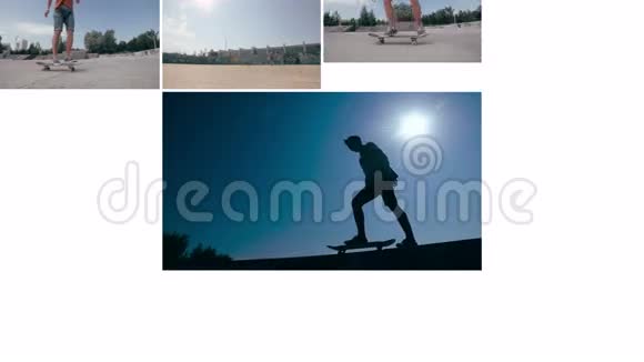 滑板手在日落时玩把戏运动多屏幕背景视频的预览图