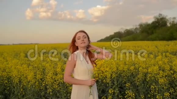 年轻的红发女子在一片开花的田野里飞舞着头发视频的预览图