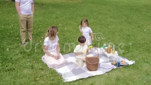 野餐时孩子们在草地上休息的幸福家庭家庭生活中的幸福与和谐视频的预览图