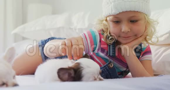 躺在床上抚摸小狗的小女孩视频的预览图