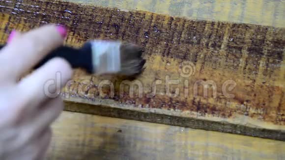 女性用画笔用棕色油漆在木制表面涂上油漆保护木材视频的预览图