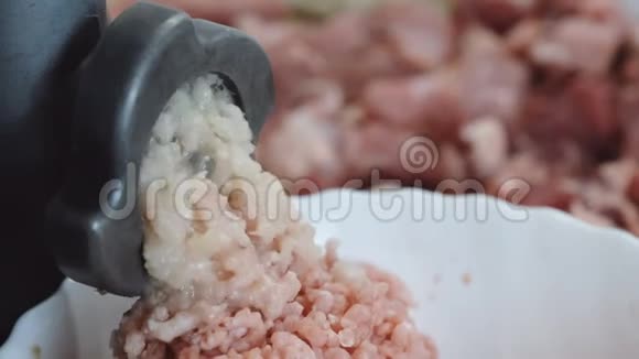 用猪肉和洋葱做成肉末的电动绞肉机视频的预览图