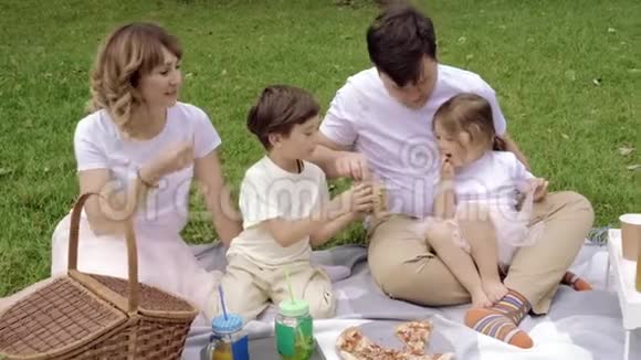 野餐时孩子们在草地上休息的幸福家庭家庭生活中的幸福与和谐视频的预览图
