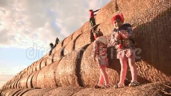 快乐的孩子们在田野里用一捆稻草古董秋天视频的预览图