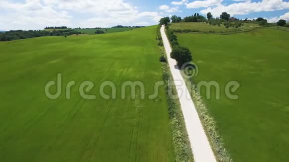 沿农村公路飞越田野在蓝天和云彩的背景下意大利托斯卡纳视频的预览图