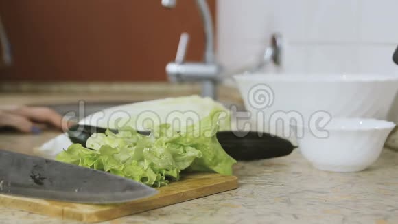 厨房餐桌上的砧板上的莴苣是女性手的特写敲刀视频的预览图