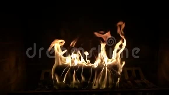 极好的舒适可爱的氛围令人满意的关闭慢动作射击火木火焰燃烧在原木壁炉视频的预览图