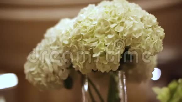 特写白花库存花瓶里的节日花婚礼桌上的花饰视频的预览图