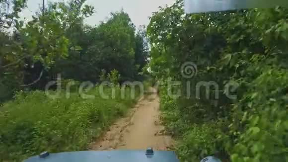 军用吉普车沿湿植物的窄径行驶视频的预览图