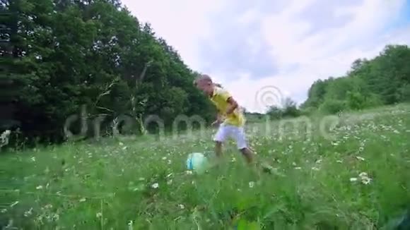 在一片甘菊草地上靠近一片森林一个男孩一个孩子玩球扔球追着他跑他玩得很开心夏季视频的预览图