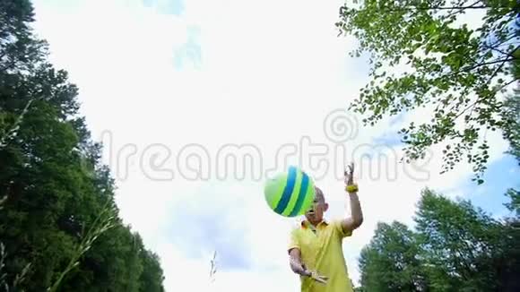 在一片甘菊草地上靠近一片森林一个男孩一个孩子玩球扔球追着他跑他玩得很开心夏季视频的预览图