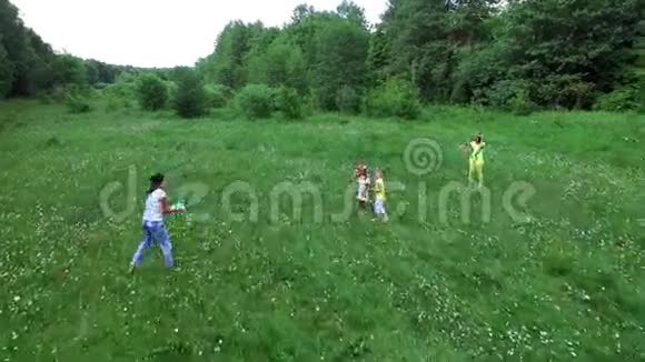 航空从上面拍摄视频孩子们和妈妈一起在洋甘菊草地上玩球视频的预览图