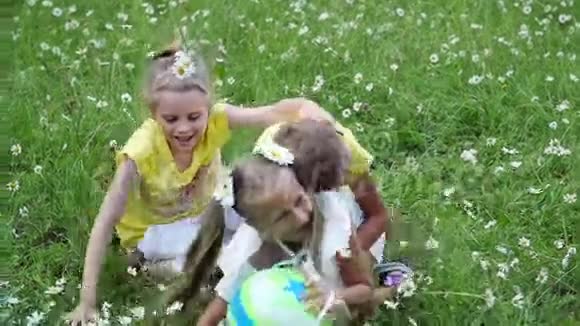 孩子们玩球躺在草地上在雏菊中互相拿走球他们玩得很开心夏季视频的预览图