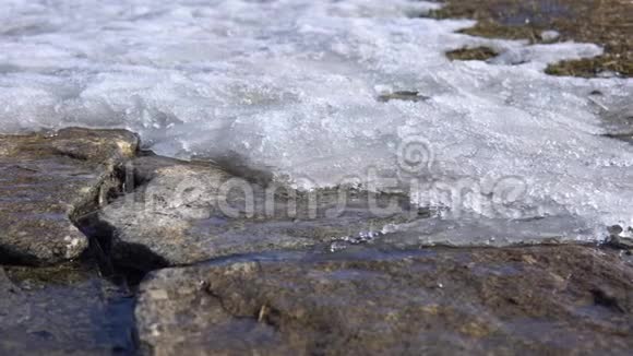 冰冷干净的水流穿过岩石上解冻的雪视频的预览图