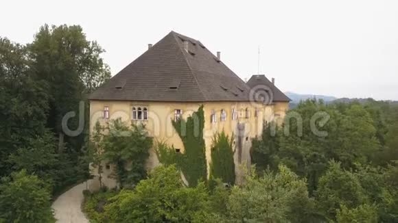 奥地利克拉根福特中世纪城堡Halleg的空中景观卡伦蒂亚飞越美丽的城堡视频的预览图