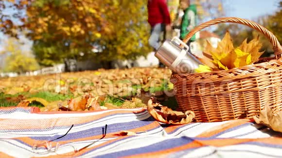 父亲和儿子在秋日公园附近散步他们的野餐毯上放着一篮子食物和热茶视频的预览图