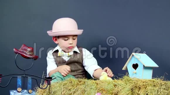 乡村穿着时尚可爱的小男孩玩小鸭子和小鸡有主题装饰的工作室视频视频的预览图