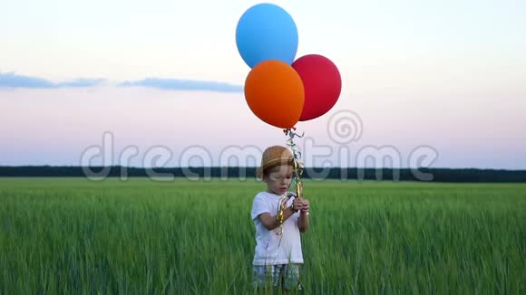 两岁的男孩站在田野里向天空释放气球视频的预览图