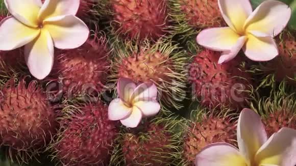 香蕉叶上旋转的泰国热带水果红毛丹视频的预览图