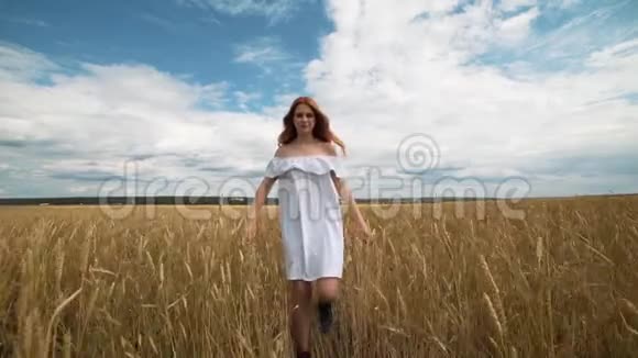 红发女孩穿着白色连衣裙在麦田里微笑着可爱的微笑一张完美的广告图片视频的预览图