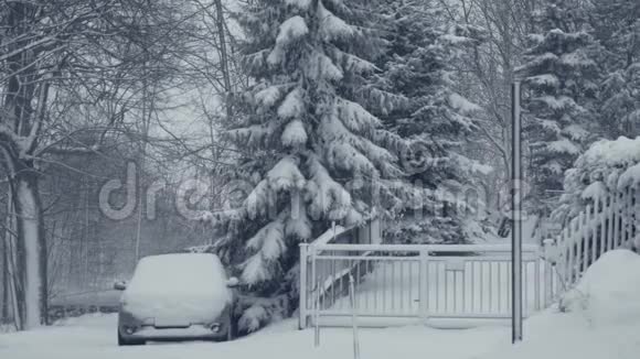 有车的雪道冬天的风景飘落的雪覆盖着新鲜的粉末视频的预览图