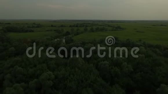 美丽的绿色草地和河流鸟瞰图视频的预览图