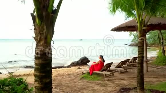 那个穿红色衣服的女人坐在热带岛屿的岸边在棕榈树中间的木板床上的女人视频的预览图