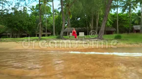 那个穿红色衣服的女人坐在热带岛屿的岸边在棕榈树中间的木板床上的女人视频的预览图