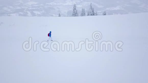 飞越孤独的旅游女孩沿着一座覆盖着雪的山顶行走雪霜天气视频的预览图
