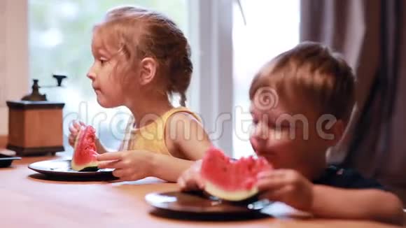 两个可爱的孩子哥哥和姐姐吃西瓜女孩笑着看着男孩他做了一张滑稽的脸视频的预览图