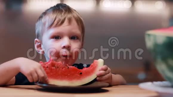 可爱的小男孩看着镜头吃着西瓜笑着快乐的男人拿着一片欢呼着视频的预览图