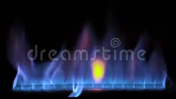 令人印象深刻的令人满意的4k近距离拍摄的蓝色彩色火焰灯慢慢燃烧在煤气炉厨房炊具视频的预览图