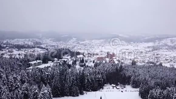 有建筑物的村庄都覆盖着雪空中景观视频的预览图