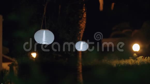 夜晚有白色中国灯笼的花园视频的预览图