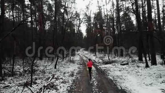 女人在公园慢跑穿着橙色夹克的白人女人在冬天的森林里跑步后视图视频的预览图