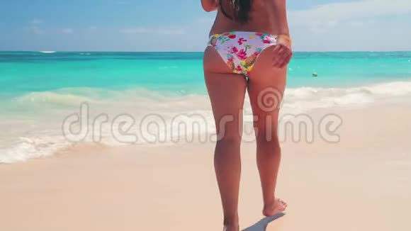 多米尼加共和国蓬塔卡纳穿比基尼享受热带海洋和异国海滩的快乐性感女人视频的预览图