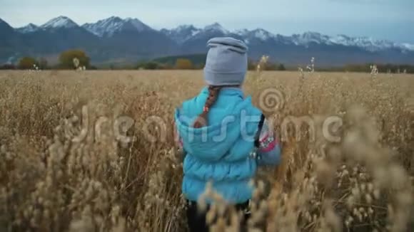 小女孩走在麦田里孩子奔跑的背景是美丽的山脉和白雪覆盖的山峰儿童视频的预览图