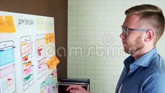 沮丧强调UX设计师为新的项目想法而奋斗他的头站在办公室的白板上视频的预览图