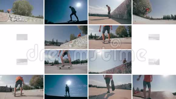 蒙太奇多屏幕滑板者确实在日落时翻转体育背景视频的预览图