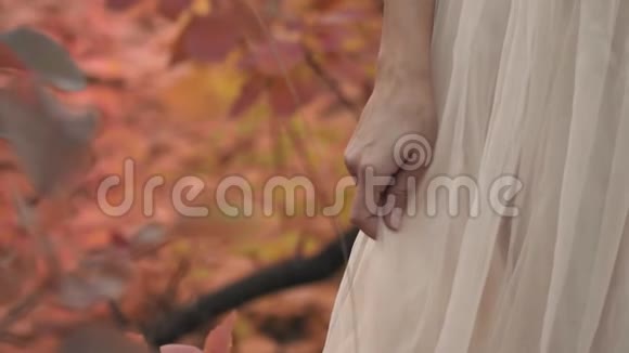 一只雌性的手在落叶的背景下紧贴着白色的裙子视频的预览图