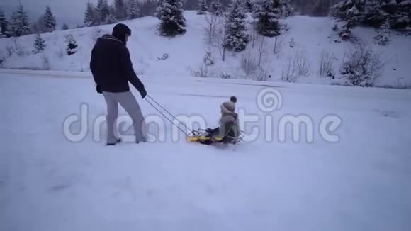 年轻的幸福家庭在雪林里玩得很开心父亲把他的小儿子卷在雪橇上晚上散步爸爸和爸爸视频的预览图