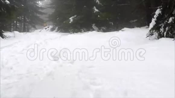 在森林里深冬的雪地里穿上靴子视频的预览图