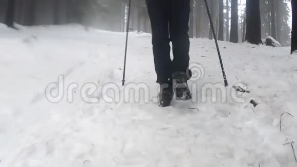 在森林里深冬的雪地里穿上靴子视频的预览图