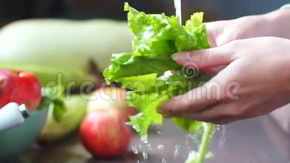 女孩洗生菜厨房桌子上的蔬菜视频的预览图