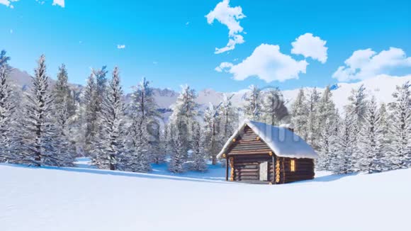 冬日的山上白雪覆盖的木屋视频的预览图