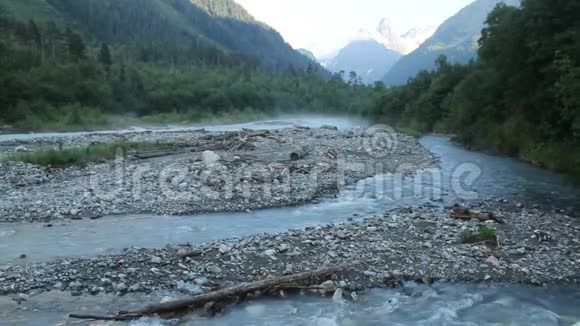 宽阔的山溪岩石和水中的木质碎片野生动物视频的预览图