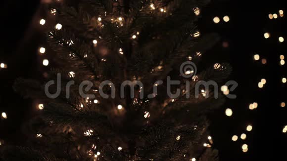 女人在圣诞树上装饰仙女花环背景是bokeh灯视频的预览图