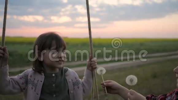 女孩骑着秋千吹蒲公英肖像可爱的女孩子吹着吹球花美丽的微笑的小孩子视频的预览图