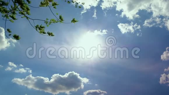 缓慢移动的云上明亮的蓝色天空与树枝静态射击视频的预览图