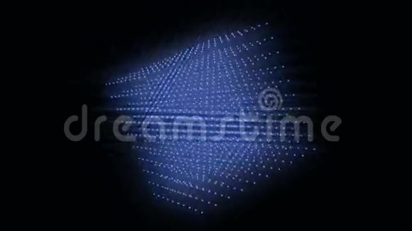 三维立方体蓝色发光粒子旋转在对角线上的黑色背景无缝环动画视频的预览图